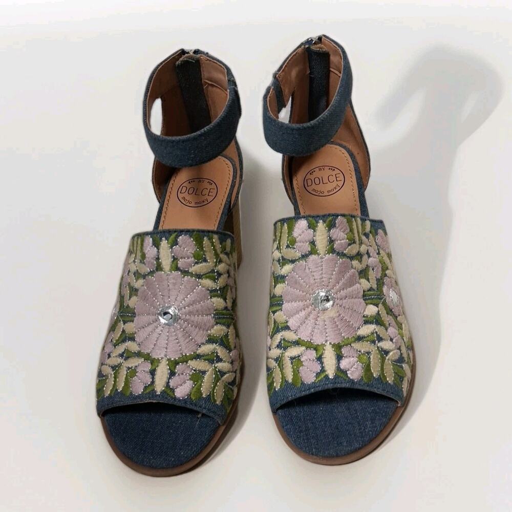 Dolce Mojo Moxy Denim Floral Boho Embroidered Heeled Sandals Shoes Open Toe 7.5